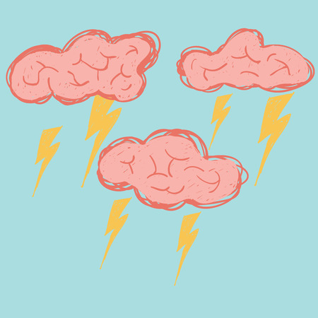 Brain cloud are stroming and sparking, hand drawing line vector.