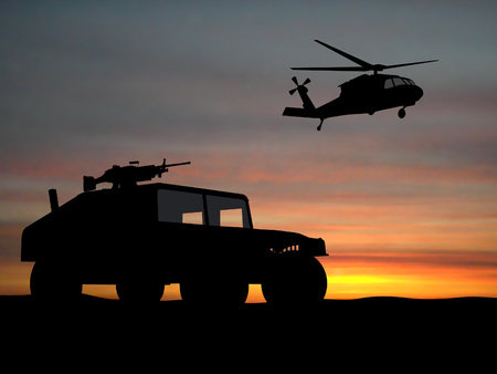 Silhouette of truck over sunset with helicopter
の写真素材