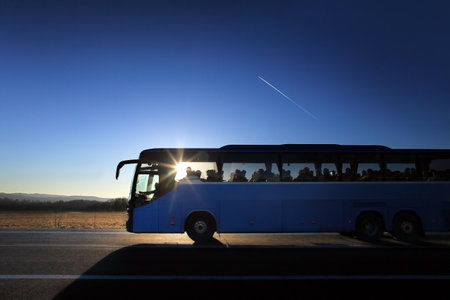 Bus on the road in the morning. Shot in South Africa.の写真素材