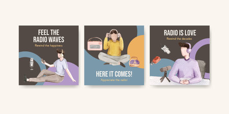 Advertise template with world radio day concept design for marketing and business watercolor vector illustrationのイラスト素材