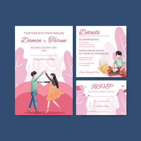 Wedding card template with paradise love concept design for invitation watercolor vector illustrationのイラスト素材