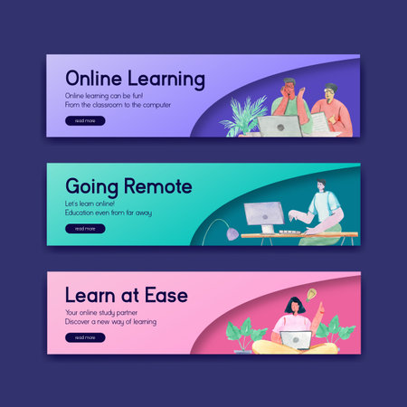 Banner template with online learning concept design for advertise and marketing watercolor illustrationのイラスト素材