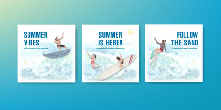 Advertise template with beach vacation concept design for marketing watercolor illustrationのイラスト素材