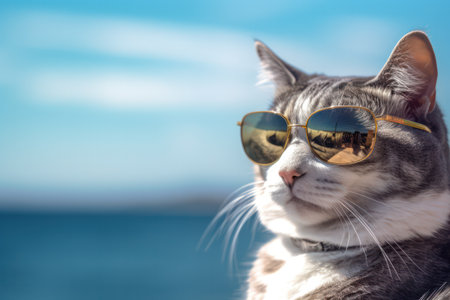 Portrait of a cat with sunglasses on the background of the seaの素材