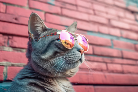 A cat wearing sunglasses in front of a block wallの素材