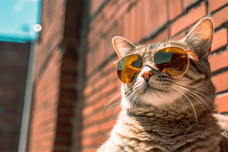 A cat wearing sunglasses in front of a block wallの素材