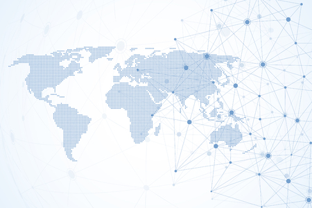 Global network connections with dotted world map. Internet connection background. Abstract connection structure. Polygonal space background. Vector illustrationのイラスト素材