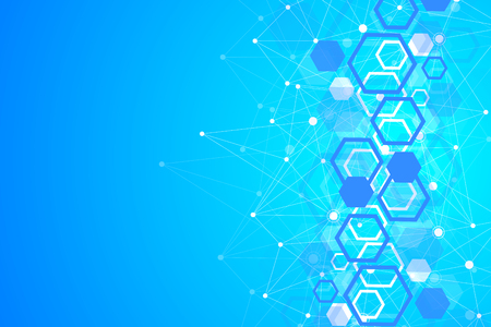 Molecular concept of neurons and nervous system. Scientific medical research. Molecule structure with particles. Science and technology background molecule for banner or flyer. Vector illustrationのイラスト素材