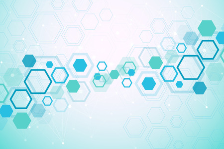 Abstract medical background. Science and connection vector concept. Hexagonal geometric array with dynamic moving particles. DNA, atom, helix, neurons, spiralのイラスト素材