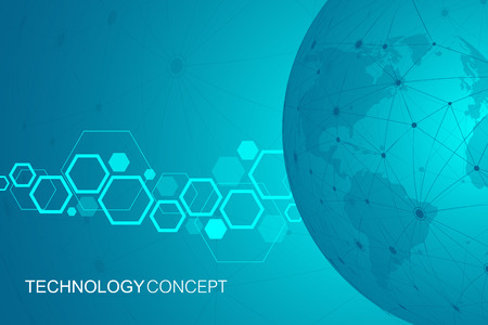 Global international blockchain with World map. Modern future planet space low poly modern future technology finance banking design. Abstract polygonal background with connected lines and dots.の写真素材
