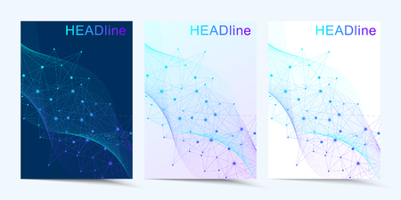 Modern vector templates for brochure, cover, banner, flyer, annual report, leaflet. Abstract art composition with connecting lines and dots. Wave flow. Digital technology, science or medical concept.のイラスト素材