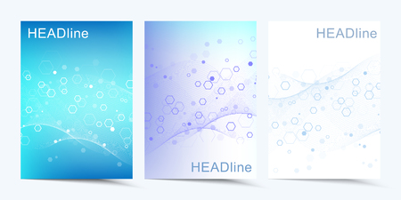 Modern vector templates for brochure, cover, banner, flyer, annual report, leaflet. Abstract art composition with connecting lines and dots. Wave flow. Digital technology, science or medical concept.のイラスト素材
