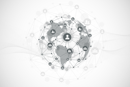 Futuristic abstract background blockchain technology. Global internet network connection. Peer to peer network business concept. Global cryptocurrency blockchain vector banner. Wave flow.のイラスト素材
