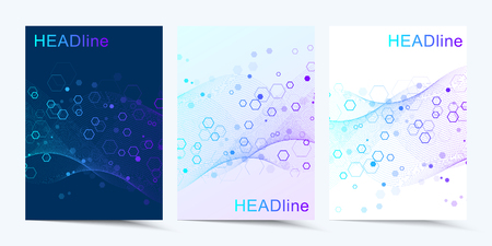 Modern vector templates for brochure, cover, banner, flyer, annual report, leaflet. Abstract art composition with connecting lines and dots. Wave flow. Digital technology, science or medical concept.のイラスト素材