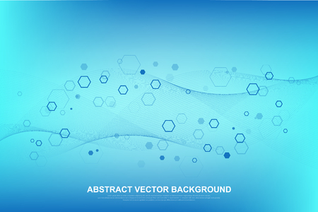 Abstract medical background DNA research, molecule, genetics, genome, DNA chain. Genetic analysis art concept with hexagons, lines, dots. Biotechnology network concept molecule, vector illustrationのイラスト素材