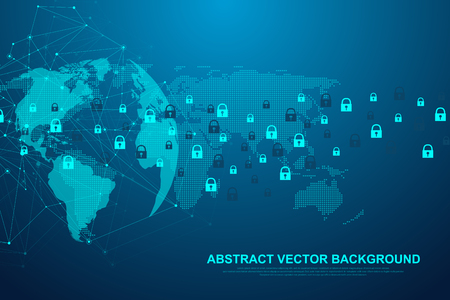 Futuristic abstract background blockchain technology. Global internet network connection. Peer to peer network business concept. Global cryptocurrency blockchain vector banner. Wave flow.のイラスト素材