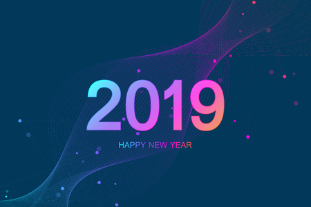 Merry Christmas and Happy New Year 2019 greeting card. Modern futuristic template for 2019. Flowing lines, waves, dots. Vector illustrationのイラスト素材