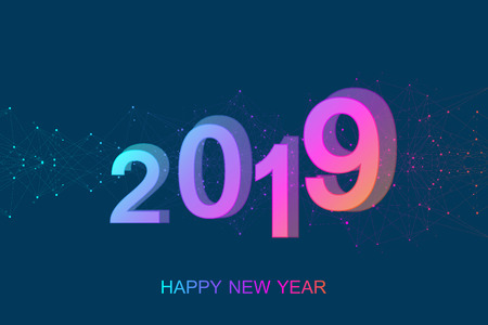 Merry Christmas and Happy New Year 2019 greeting card. Modern futuristic template for 2019. Digital...