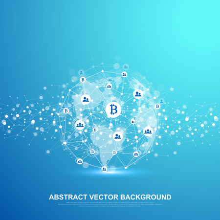 Futuristic abstract vector background blockchain technology. Deep web background. Peer to peer network business concept. Global cryptocurrency blockchain vector banner. Wave flow.のイラスト素材