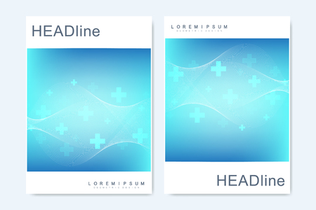 Modern vector templates for brochure, cover, banner, flyer, annual report, leaflet. Abstract art composition with connecting lines and dots. Waves flow. Digital technology, science or medical concept.のイラスト素材
