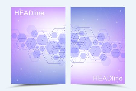 Modern vector templates for brochure, cover, banner, flyer, annual report, leaflet. Hexagonal molecular structures. Futuristic technology background in science style. Graphic hex background.のイラスト素材