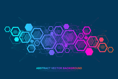 Abstract medical background DNA research, molecule, genetics, genome, DNA chain. Genetic analysis art concept with hexagons, waves, lines, dots. Biotechnology network concept molecule, vector.のイラスト素材