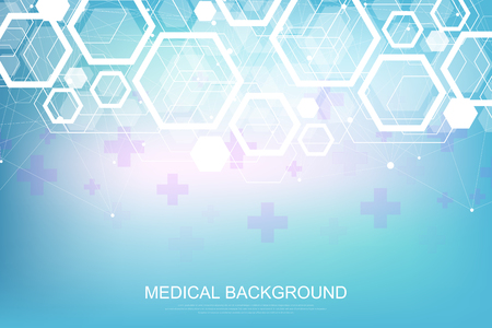 Abstract medical background DNA research, molecule, genetics, genome, DNA chain. Genetic analysis art concept with hexagons, waves, lines, dots. Biotechnology network concept molecule, vectorのイラスト素材