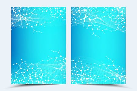 Business vector templates for brochure cover banner flyer annual report leaflet. Abstract composition with molecule structure, dots, lines. Wave flow. Science, medicine, technology background.のイラスト素材