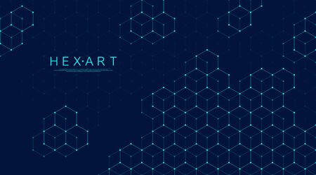 Technology abstract lines and dots connect background with hexagons. Hexagons connection digital data and big data concept. Hex digital data visualization. Vector illustrationのイラスト素材