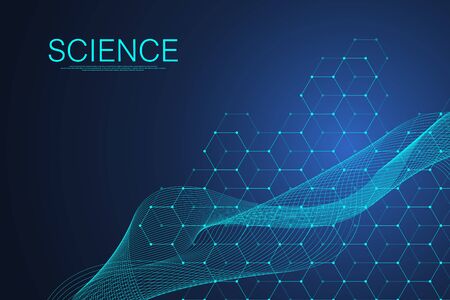 Scientific molecule background for medicine, science, technology, chemistry. Science template wallpaper or banner with a DNA molecules. Dynamic wave flow DNA. Molecular vector illustrationのイラスト素材