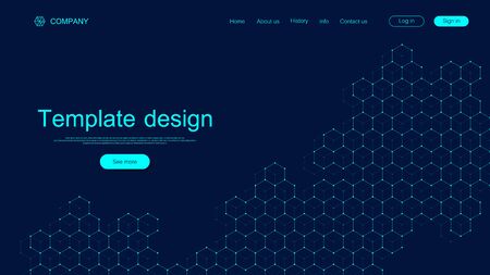 Website template design. Asbtract scientific background with colorful dynamic waves, hexagonal innovation pattern. Modern landing page for websites or apps. Vector illustrationのイラスト素材