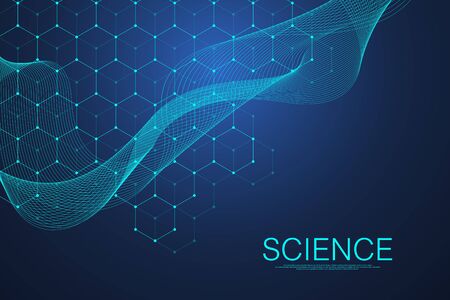Scientific molecule background for medicine, science, technology, chemistry. Science template wallpaper or banner with a DNA molecules. Dynamic wave flow DNA. Molecular vector illustrationのイラスト素材