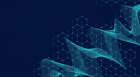 Abstract medical background DNA research, molecule, genetics, genome, DNA chain. Genetic analysis art concept with hexagons, waves, lines, dots. Biotechnology network concept molecule, vector.のイラスト素材