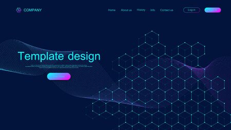 Landing page tech background with colorful dynamic waves and hexagonal boxes. Geometric abstract background with lines and dots, cube cell. Website template design. Vector illustration.のイラスト素材