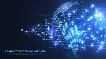Technology abstract circuit board texture background. High-tech futuristic circuit board banner wallpaper. Digital data. Engineering electronic motherboard. Minimal array Big Data. Vector illustrationのイラスト素材