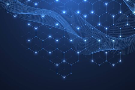 Technology abstract lines and dots connect background with hexagons. Hexagons connection digital data and big data concept. Hex digital data visualization. Vector illustrationのイラスト素材