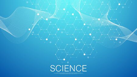 Scientific molecule background for medicine, science, technology, chemistry. Science template wallpaper or banner with a DNA molecules. Dynamic wave flow DNA. Molecular vector illustration.のイラスト素材