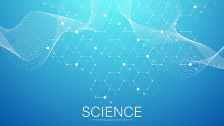 Scientific molecule background for medicine, science, technology, chemistry. Science template wallpaper or banner with a DNA molecules. Dynamic wave flow DNA. Molecular vector illustration.