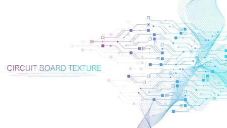 Technology circuit board texture background. Abstract circuit board banner wallpaper. Digital data industry. Engineering electronic motherboard. Wave flow , vector illustration.のイラスト素材