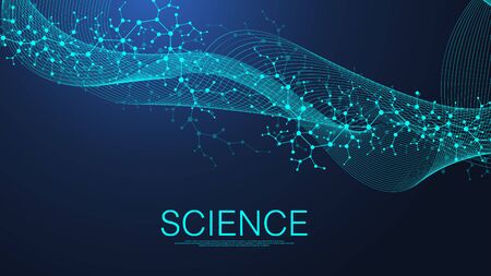 Abstract medical background DNA research coronavirus, molecule, genetics, genome, DNA chain. Genetic analysis art concept with hexagons, waves, lines, dots. Biotechnology network concept, vectorのイラスト素材
