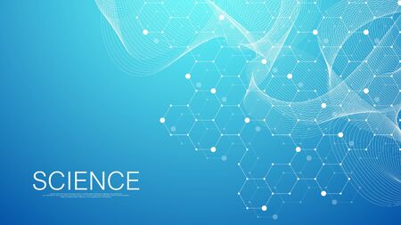 Abstract medical background DNA research coronavirus, molecule, genetics, genome, DNA chain. Genetic analysis art concept with hexagons, waves, lines, dots. Biotechnology network concept, vectorのイラスト素材