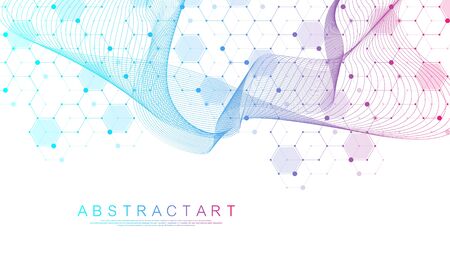 Technology abstract lines and dots connect background with hexagons. Hexagons connection digital data and big data concept. Hex digital data visualization. Vector illustrationのイラスト素材