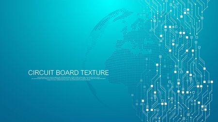 Technology abstract circuit board texture background. High-tech futuristic circuit board banner wallpaper. Digital data. Engineering electronic motherboard. Minimal array Big Data. Vector illustrationのイラスト素材