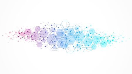 Scientific molecule background for medicine, science, technology, chemistry. Science template wallpaper or banner with a DNA molecules. Dynamic wave flow DNA. Molecular vector illustrationのイラスト素材