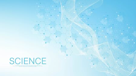 Scientific molecule background for medicine, science, technology, chemistry. Science template wallpaper or banner with a DNA molecules. Dynamic wave flow DNA. Molecular vector illustrationのイラスト素材