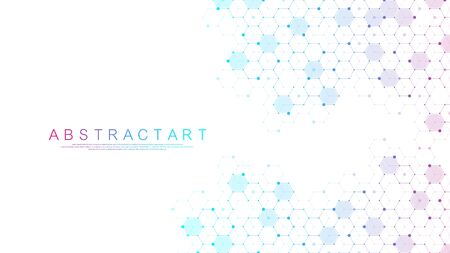 Abstract medical background DNA research, molecule, genetics, genome, DNA chain. Genetic analysis art concept with hexagons, waves, lines, dots. Biotechnology network concept molecule, vector.のイラスト素材