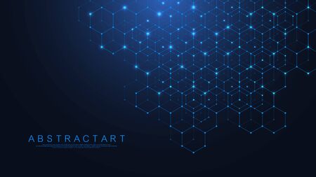 Hexagons abstract grid background with connected lines and dots. Hex digital pattern with subtle polygons. Linear geometric texture. Hexagonal vector illustrationのイラスト素材