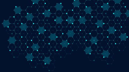 Hexagons abstract grid background with connected lines and dots. Hex digital pattern with subtle polygons. Linear geometric texture. Hexagonal vector illustrationのイラスト素材