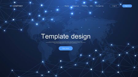Website template design. Asbtract scientific background with World data connecting network and communications concept with map dots innovation pattern. Modern landing page for websites, vectorのイラスト素材