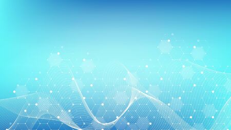 Molecular structure background. Science template wallpaper or banner with a DNA molecules. Asbtract molecule background with hexagons, wave flow. Vector illustrationのイラスト素材